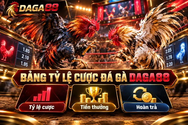 Bảng tỷ lệ cược đá gà DAGA88 với hai chiến kê đối đầu, thông tin tỷ lệ cược, tiền thưởng và số tiền hoàn trả.