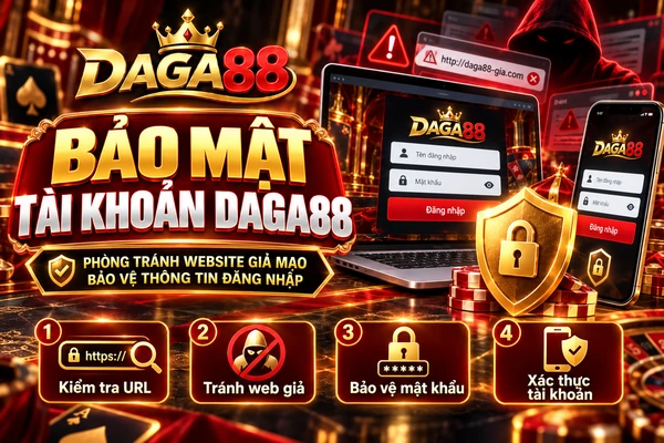 Bảo Mật Tài Khoản DAGA88 – Cách Phòng Tránh Website Giả Mạo Và Bảo Vệ Thông Tin Đăng Nhập Giao diện bảo mật tài khoản DAGA88 với cảnh báo website giả mạo và các bước bảo vệ thông tin đăng nhập