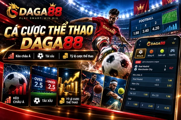 Cá cược thể thao DAGA88 với hình ảnh cầu thủ bóng đá, bảng kèo châu Á, tài xỉu và tỷ lệ cược thể thao trên điện thoại.