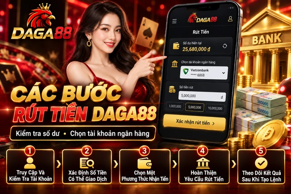 Các bước rút tiền DAGA88 với 5 bước kiểm tra tài khoản, xác định số tiền, chọn phương thức nhận tiền, hoàn thiện yêu cầu và theo dõi kết quả
