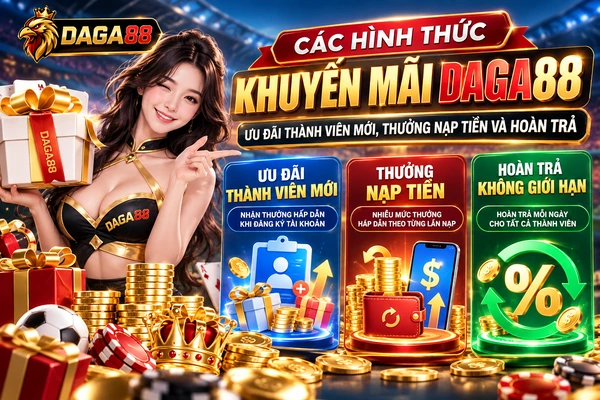Các hình thức khuyến mãi DAGA88 với ba nhóm ưu đãi gồm thưởng thành viên mới, thưởng nạp tiền và hoàn trả.