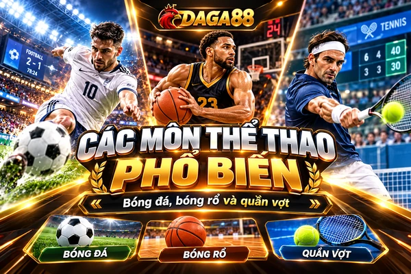Các môn thể thao phổ biến gồm bóng đá, bóng rổ và quần vợt với hình ảnh vận động viên thi đấu, sân vận động và dụng cụ thể thao.