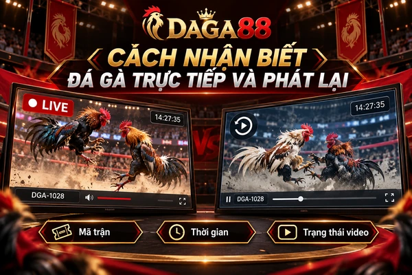 Cách Nhận Biết Đá Gà Trực Tiếp Và Phát Lại DAGA88 – Kiểm Tra Mã Trận Và Video Hình minh họa DAGA88 so sánh video đá gà trực tiếp và phát lại với mã trận, thời gian và trạng thái phát sóng.