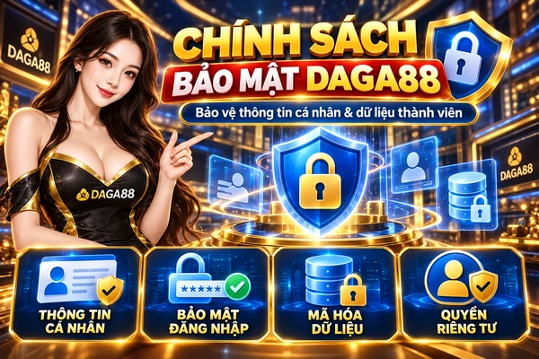 Chính sách bảo mật DAGA88 với biểu tượng ổ khóa, mã hóa dữ liệu, bảo vệ thông tin cá nhân và quyền riêng tư thành viên.