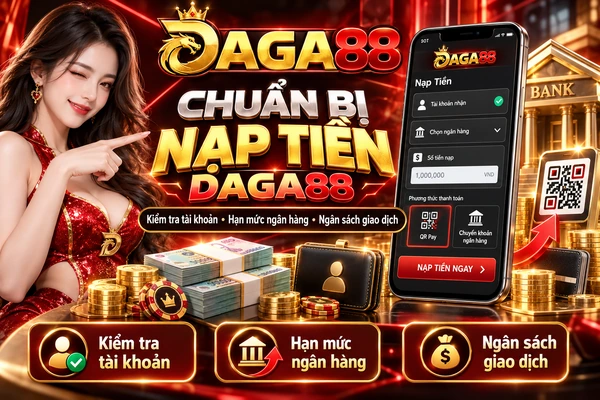 Giao diện chuẩn bị nạp tiền DAGA88 với nội dung kiểm tra tài khoản, hạn mức ngân hàng và ngân sách giao dịch