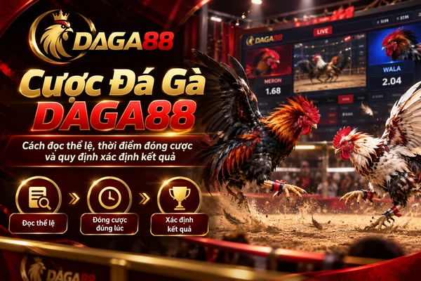 Hai chiến kê đối đầu trong trận đá gà DAGA88 với thông tin về thể lệ, thời điểm đóng cược và quy định xác định kết quả.