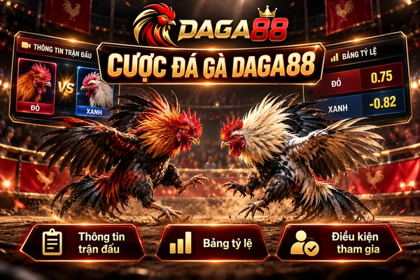 Cược đá gà DAGA88 với thông tin trận đấu, bảng tỷ lệ và điều kiện tham gia được minh họa trên giao diện trận đấu trực tuyến