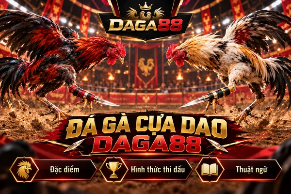 Hai chiến kê đá gà cựa dao DAGA88 đối đầu trên sân đấu, minh họa đặc điểm cựa dao, hình thức thi đấu và các thuật ngữ liên quan.