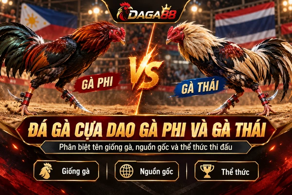 Hình ảnh so sánh gà Phi và gà Thái trong đá gà cựa dao DAGA88, minh họa đặc điểm chiến kê, nguồn gốc và thể thức thi đấu.