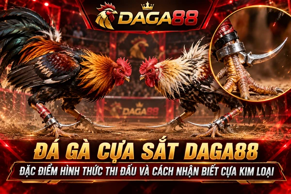 Đá gà cựa sắt DAGA88 với hai chiến kê đối đầu trên sân đấu và hình ảnh cận cảnh dụng cụ cựa kim loại gắn ở chân gà.