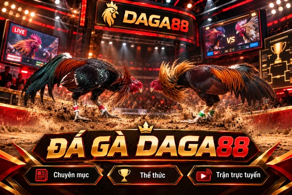 Hai chiến kê đá gà DAGA88 đối đầu trên sân đấu với hình ảnh minh họa chuyên mục, thể thức thi đấu và trận đá gà trực tuyến.