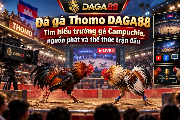 Hai chiến kê đá gà Thomo DAGA88 đối đầu tại trường gà Campuchia với hình minh họa nguồn phát trực tiếp và thể thức trận đấu.