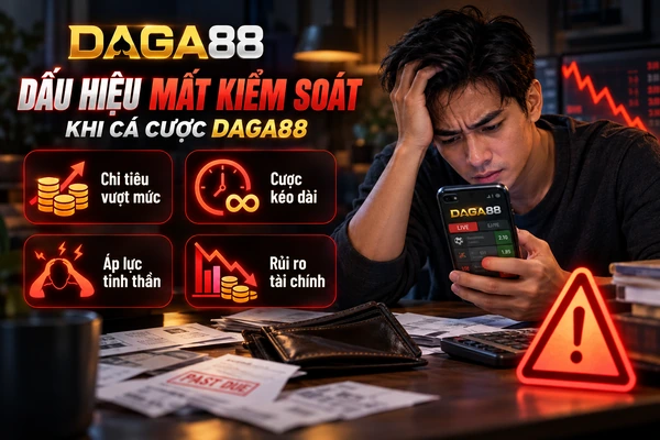 Dấu hiệu mất kiểm soát khi cá cược DAGA88 với hình ảnh người chơi căng thẳng, chi tiêu vượt mức, cược kéo dài và rủi ro tài chính.