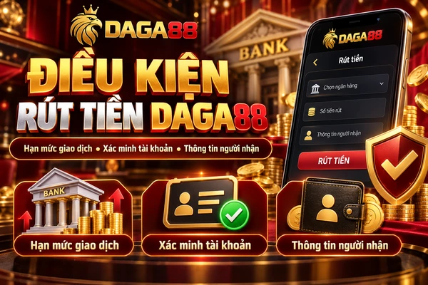 Giao diện rút tiền DAGA88 minh họa hạn mức giao dịch, xác minh tài khoản và kiểm tra thông tin ngân hàng người nhận.