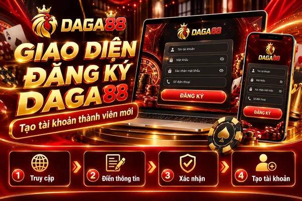 Giao diện đăng ký DAGA88 trên điện thoại và máy tính với các trường nhập tên tài khoản, mật khẩu, số điện thoại và 4 bước tạo tài khoản.