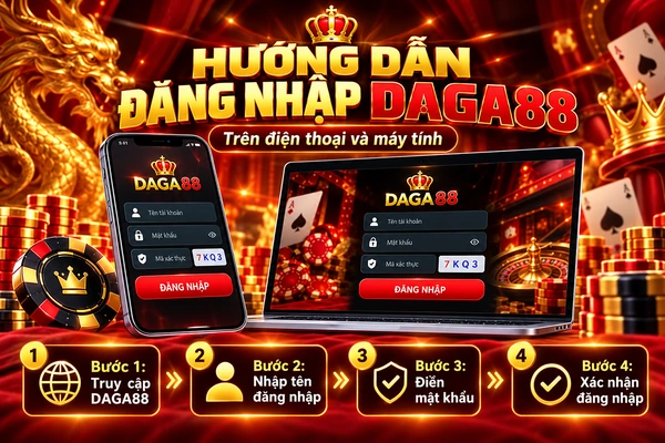 Hướng Dẫn Đăng Nhập DAGA88 Trên Điện Thoại Và Máy Tính Qua 4 Bước Giao diện đăng nhập DAGA88 trên điện thoại và máy tính với 4 bước truy cập, nhập tên tài khoản, mật khẩu và xác nhận đăng nhập.