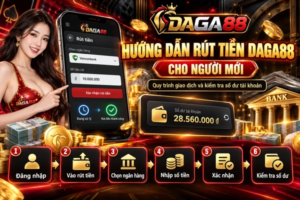 Giao diện rút tiền DAGA88 minh họa các bước chọn ngân hàng, nhập số tiền, xác nhận giao dịch và kiểm tra số dư tài khoản.