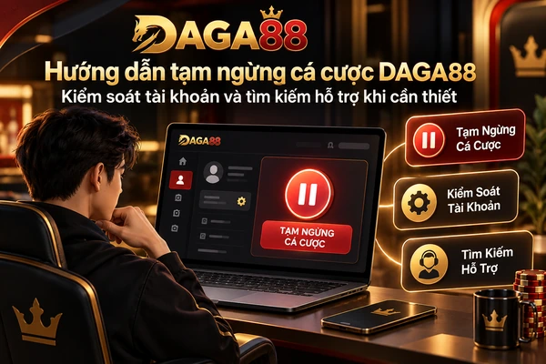 Hướng dẫn tạm ngừng cá cược DAGA88 với giao diện kiểm soát tài khoản, nút tạm dừng và chức năng tìm kiếm hỗ trợ.