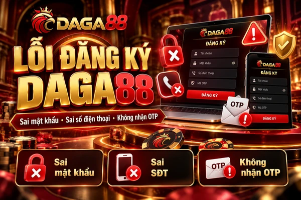 Giao diện lỗi đăng ký DAGA88 với các trường hợp sai mật khẩu, sai số điện thoại và không nhận được mã OTP