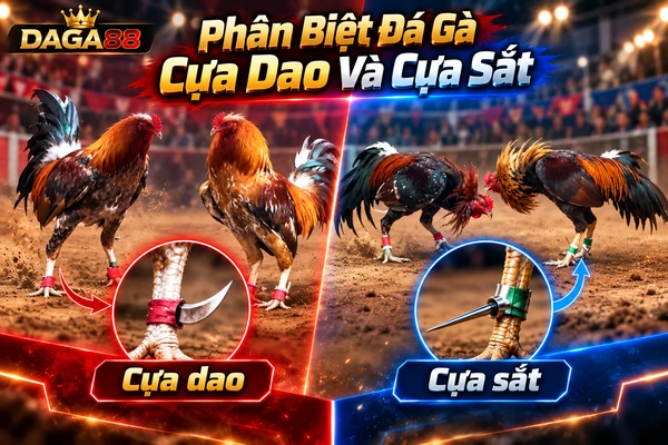 Hình ảnh so sánh đá gà cựa dao và cựa sắt DAGA88 với hai nhóm chiến kê và chi tiết hình dạng dụng cụ cựa gắn ở chân.