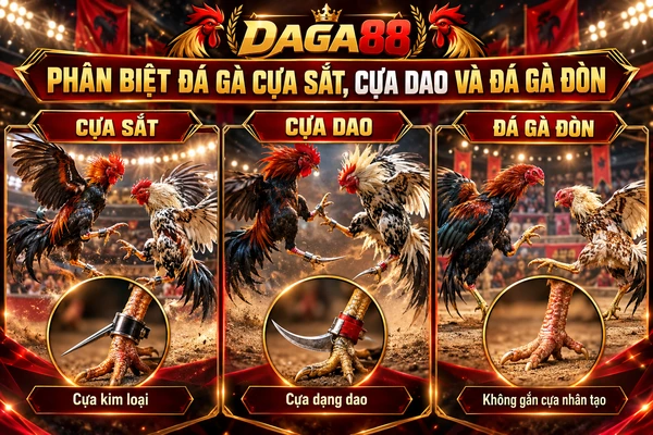 Phân biệt đá gà cựa sắt, cựa dao và đá gà đòn DAGA88 với hình ảnh so sánh cựa kim loại dạng nhọn, cựa dạng dao và chân gà không gắn cựa nhân tạo.