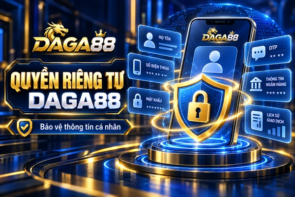 Quyền riêng tư DAGA88 với biểu tượng bảo mật và các thông tin cá nhân cần bảo vệ gồm họ tên, số điện thoại, mật khẩu, mã OTP, thông tin ngân hàng và lịch sử giao dịch.