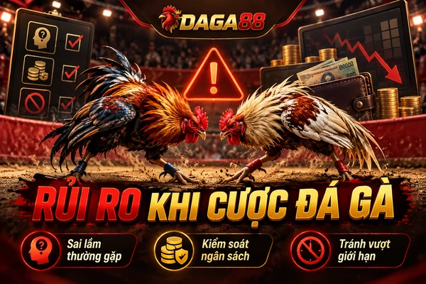 Rủi ro khi cược đá gà DAGA88 với hai chiến kê đối đầu, biểu tượng cảnh báo thua lỗ, sai lầm thường gặp và kiểm soát ngân sách.