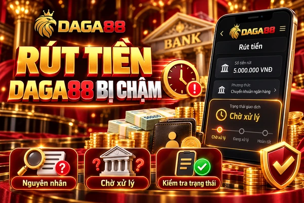 Giao diện rút tiền DAGA88 bị chậm với trạng thái chờ xử lý, biểu tượng cảnh báo và hướng dẫn kiểm tra giao dịch