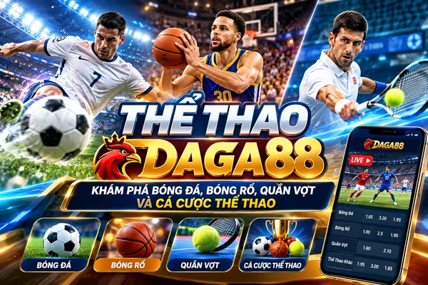 Thể thao DAGA88 với hình ảnh các vận động viên bóng đá, bóng rổ, quần vợt và giao diện cá cược thể thao trực tuyến trên điện thoại.