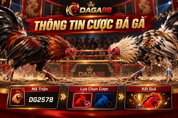 Thông tin cược đá gà DAGA88 với hai chiến kê đối đầu, mã trận DG2578, lựa chọn cược đỏ xanh và kết quả được ghi nhận.