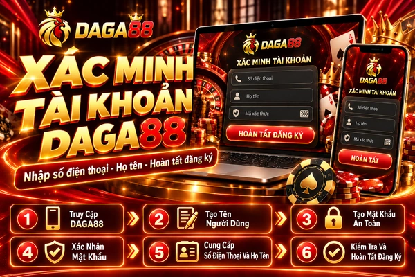 Hướng dẫn xác minh tài khoản DAGA88 qua 6 bước gồm truy cập website, tạo tên người dùng, thiết lập mật khẩu, nhập số điện thoại và hoàn tất đăng ký.
